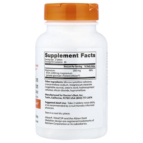 Doctor's Best, High Absorption Magnesium Lysinate Glycinate, Chelated, Albion® TRAACS®, 120 Tablets (100 mg per Tablet)