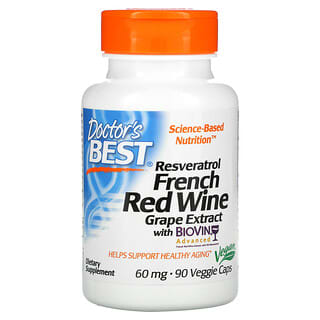 Doctor's Best, Extrato de Uva de Resveratrol para Vinho Tinto Francês, 60 mg, 90 Cápsulas Vegetais