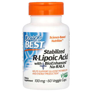 Doctor's Best, стабилизированная R-липоевая кислота с BioEnhanced Na-RALA, 100 мг, 60 растительных капсул
