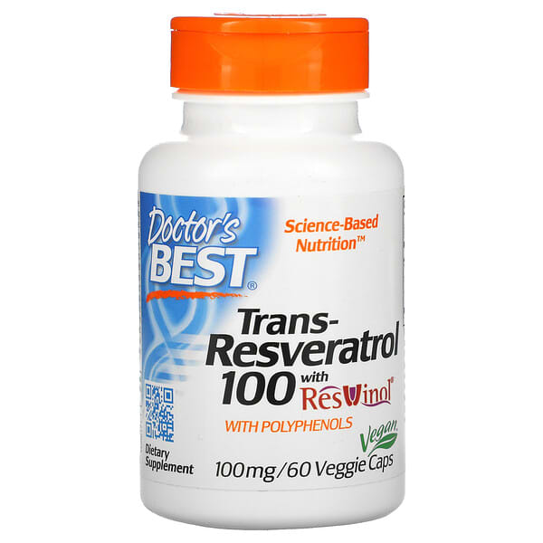 Doctor's Best, Trans-Resveratrol 100 with ResVinol, Trans-Resveratrol mit ResVinol, 100 mg, 60 vegetarische Kapseln