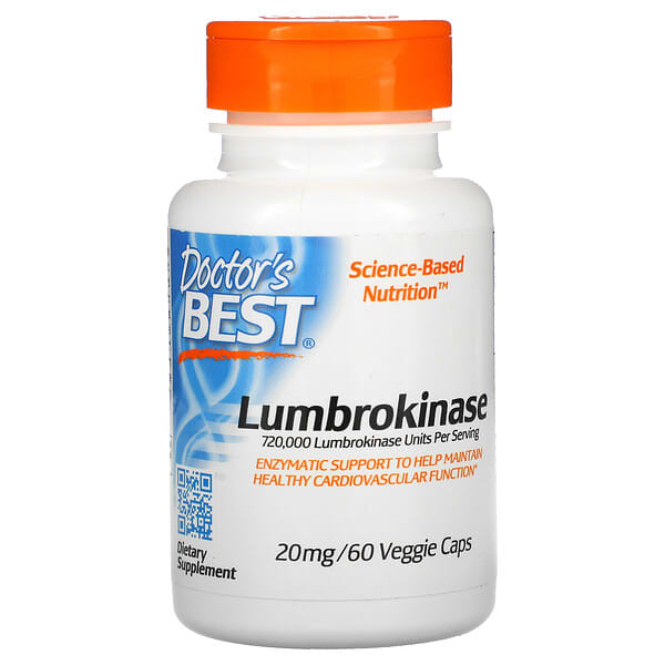 Doctor's Best, люмброкиназа, 20 мг, 60 вегетарианских капсул