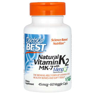 Doctor's Best, натуральный витамин K2 MK-7 с MenaQ7, 45 мкг, 60 вегетарианских капсул