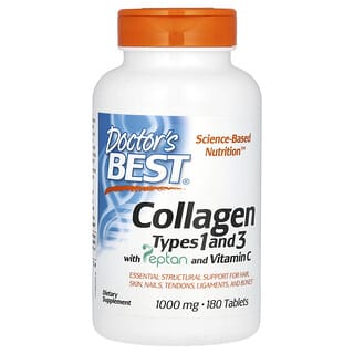Doctor's Best, Colágeno de tipo 1 y 3 con Peptan y vitamina C, 1000 mg, 180 comprimidos