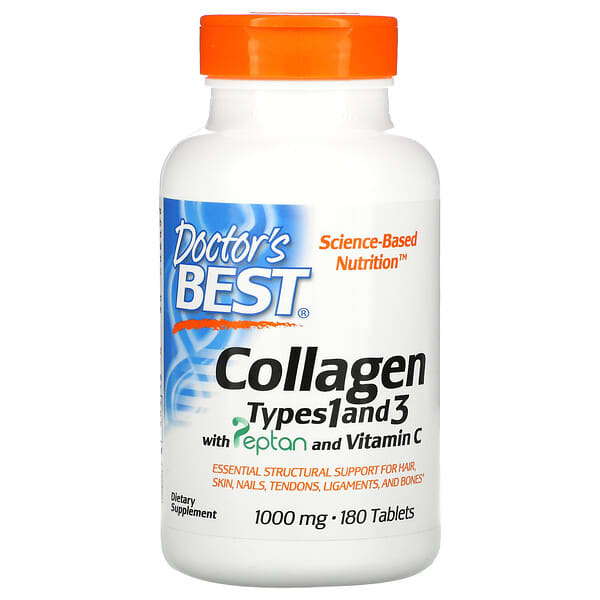 Doctor's Best, Colágenos Tipos 1 e 3 com Peptan e Vitamina C, 1.000 mg, 180 Comprimidos