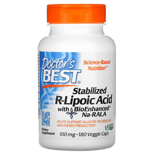 Doctor's Best, Ácido R-lipoico estabilizado com Na-RALA Bioenriquecido, 100 mg, 180 cápsulas vegetais
