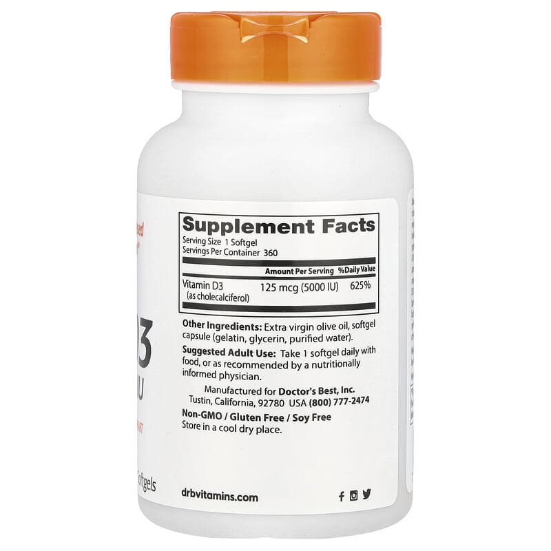ビタミンD3、125mcg（5,000 IU）、ソフトジェル360粒