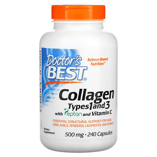 Doctor's Best, Colágeno de tipo 1 y 3 con Peptan y vitamina C, 500 mg, 240 cápsulas