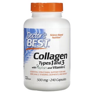 Doctor's Best, Colágenos Tipos 1 e 3 com Peptan e Vitamina C, 500 mg, 240 Cápsulas