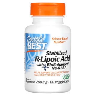 Doctor's Best, стабилизированная R-липоевая кислота с BioEnhanced Na-RALA, 200 мг, 60 вегетарианских капсул