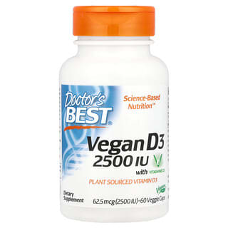 Doctor's Best, Vitamina D3 vegana con Vitashine D3, 2500 UI, 60 cápsulas vegetales