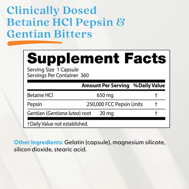 Betaine HCl, Pepsin and Gentian Bitters, 360 Capsules