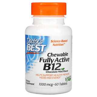 Doctor's Best, Chewable Fully Active B12, Chocolate e Hortelã, 1.000 mcg, 60 Comprimidos