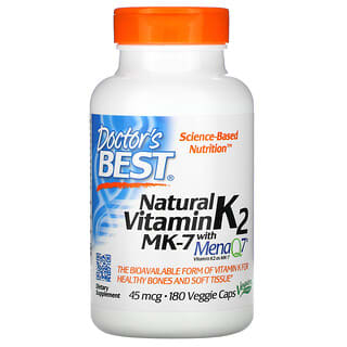 Doctor's Best, Vitamina K2 natural en forma de MK-7 con MenaQ7, 45 mcg, 180 cápsulas vegetales