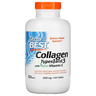 Doctor's Best, Colágeno de tipo 1 y 3 con Peptan y vitamina C, 1000 mg, 540 comprimidos