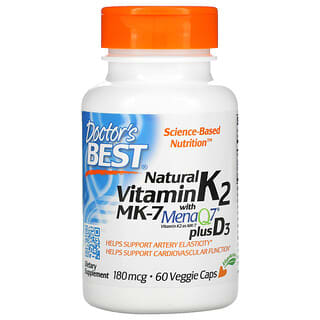 Doctor's Best, натуральный витамин K2 MK-7 с MenaQ7 и витамином D3, 180 мкг, 60 вегетарианских капсул
