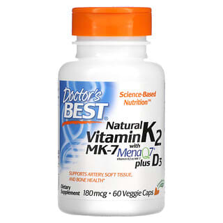 Doctor's Best, Vitamine K2 MK-7 naturelle avec MenaQ7 plus Vitamine D3, 180 µg, 60 capsules végétariennes