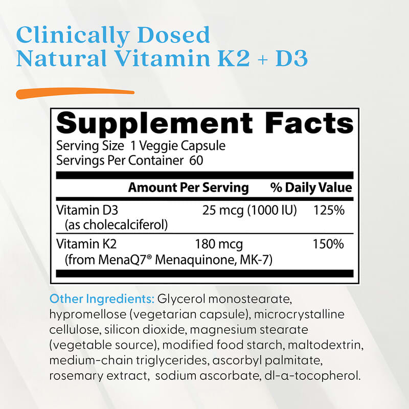 Doğal Vitamin K2 MK-7 artı D3, 180 mcg, 60 Sebze Kapsülü