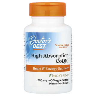 Doctor's Best, High Absorption CoQ10 with BioPerine, Hoch absorbierbares CoQ10 mit BioPerine, 200 mg, 60 vegetarische Weichkapseln