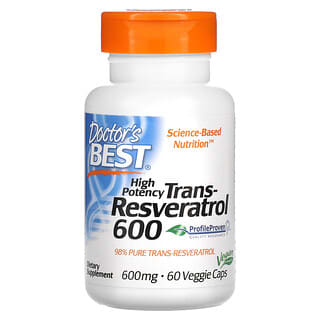 Doctor's Best, Trans-resveratrol de alta potencia 600, 600 mg, 60 cápsulas vegetales