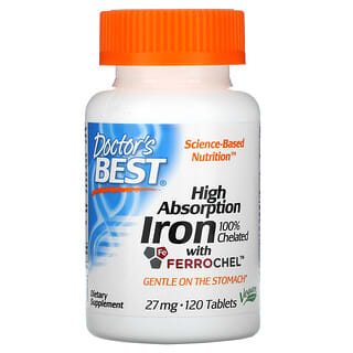 Doctor's Best, Hierro de alta absorción con Ferrochel, 27 mg, 120 comprimidos