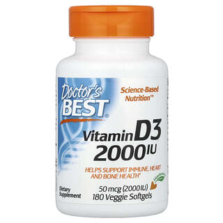 Doctor's Best‏, ויטמין D3, ‏50 מק"ג (2,000 יחב"ל), 180 כמוסות רכות צמחיות