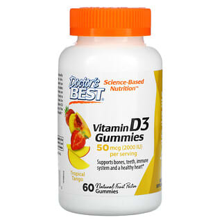 Doctor's Best, жевательные таблетки с витамином D3, со вкусом тропических фруктов, 50 мкг (2000 МЕ), 60 жевательный таблеток