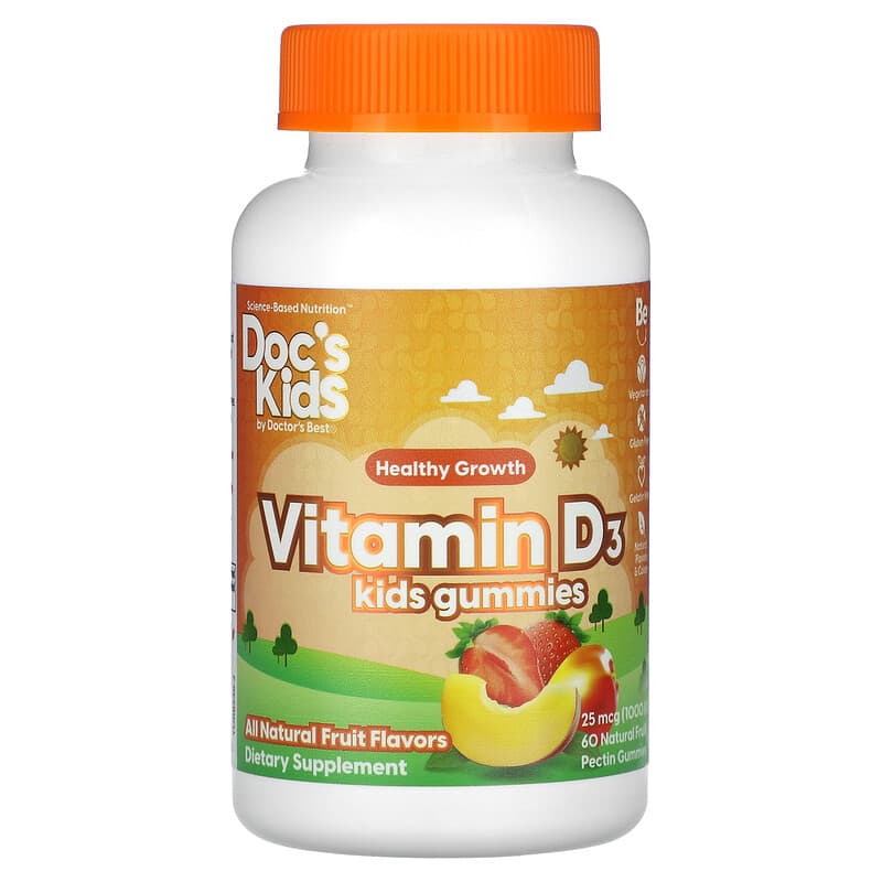 Doc's Kids, Gomitas con vitamina D3 para niños, Fruta totalmente natural,  25 mcg (1000 UI), 60