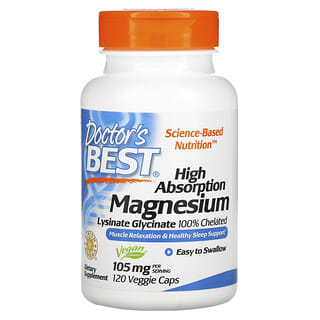 Doctor's Best, Magnésium à haute absorption, Glycinate de lysinate 100 % chélaté, 52,5 mg, 120 capsules végétariennes