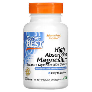 Doctor's Best, Magnesio de alta absorción, Glicinato de lisinato 100% quelado, 52,5 mg, 120 cápsulas vegetales