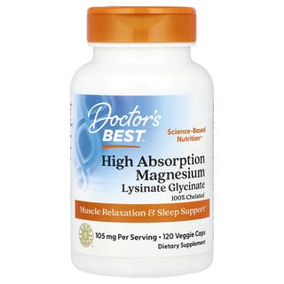 Doctor's Best, Magnésium à haute absorption, 105 mg, 120 capsules végétales (52,5 mg pièce)