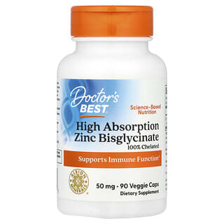 Doctor's Best, Bisglicinato de zinc de alta absorción, 100% quelado, 50 mg, 90 cápsulas vegetales