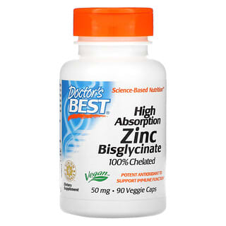 Doctor's Best, Bisglicinato de Zinco de Alta Absorção, 100% Quelado, 50 mg, 90 Cápsulas Vegetais