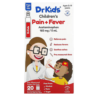 DrKids‏, חום וכאב לילדים, לגיל 2-11, דובדבן, 20 בקבוקונים לשימוש חד-פעמי בכמות מראש, 5 מ“ל (0.17 אונקיות נוזל) ליחידה