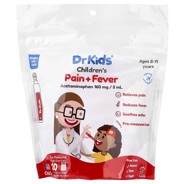 DrKids, 어린이용 통증 + 발열, 만 2~11세, 체리, 사전 측정된 일회용 바이알 20개, 각 5ml(0.17fl oz)