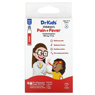 DrKids, Dor + Febre para Crianças, 2 a 11 Anos, Cereja, 4 Frascos de Uso Único Pré-medidos, 5 ml (0,17 fl oz) Cada