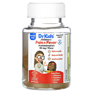 DrKids‏, סוכריות גומי לכאבים + חום לילדים, לגיל 2-11 שנים, וניל כתומים, 24 סוכריות גומי