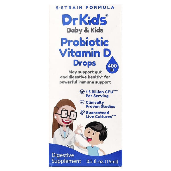 DrKids, 嬰幼兒，益生菌維生素 D 滴劑，0.5 液量盎司（15 毫升）
