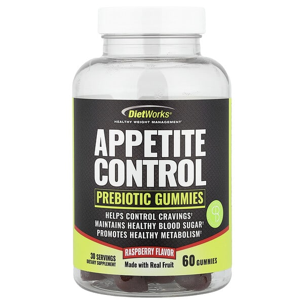 DietWorks, Appetite Control, Prebiotic Gummies, Raspberry , 60 Gummies