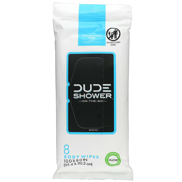 Dude Products, シャワーふき取りシー、携帯用、無香料、ボディ用ふき取りシー8枚