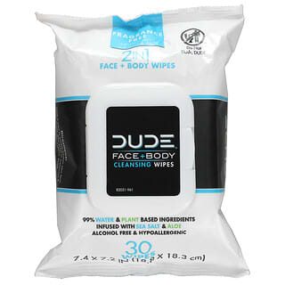 Dude Products, 面部 + 身體清潔溼巾，無香，30 片