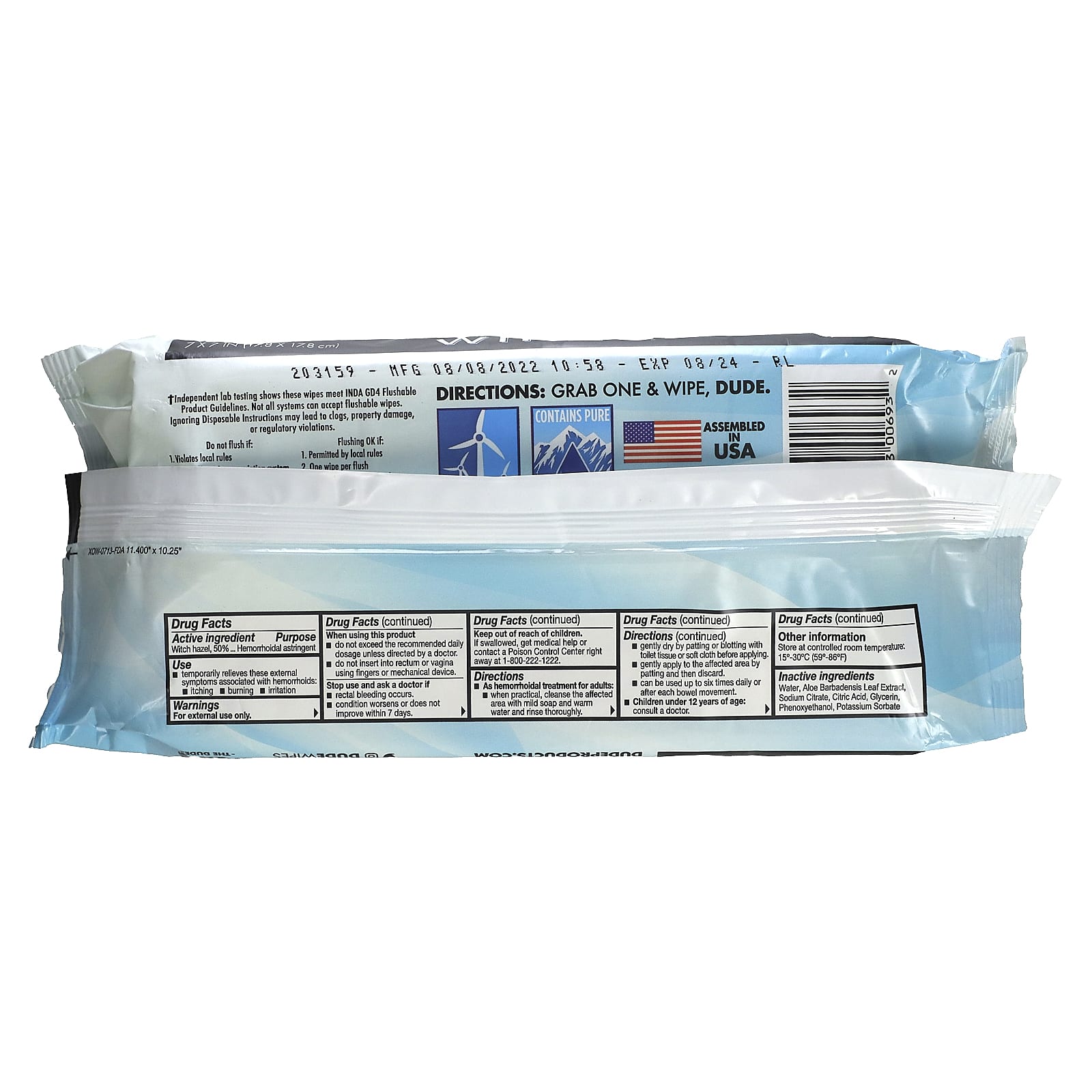 Dude Products, Medicated Wipes, With Witch Hazel, 48 Flushable Wipes