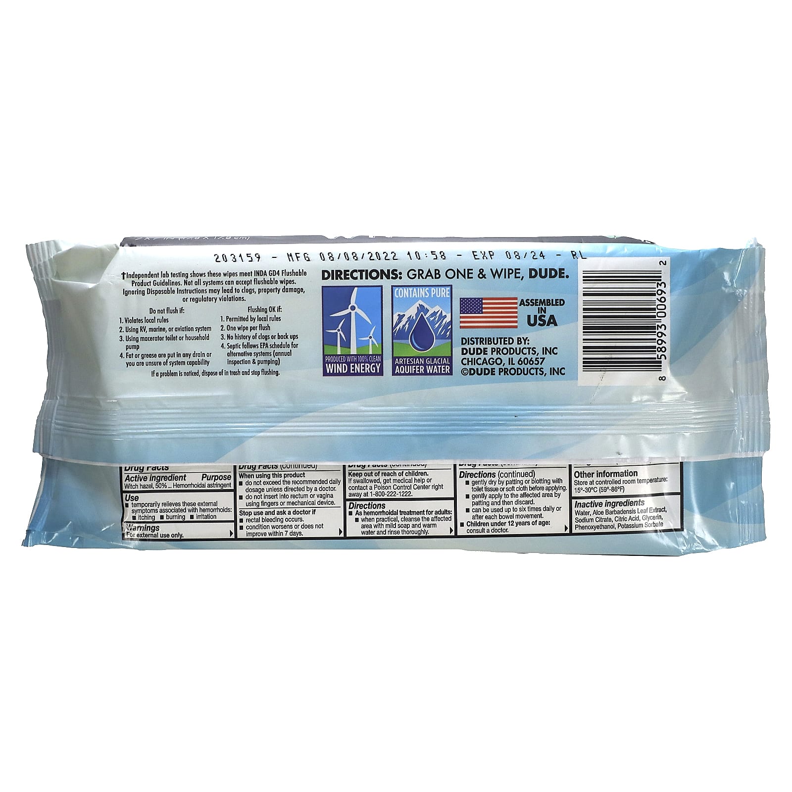 Dude Products, Medicated Wipes, With Witch Hazel, 48 Flushable Wipes