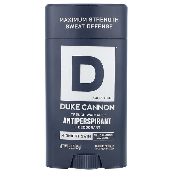 Duke Cannon Supply Co., Trench 워페어® 땀 억제제 + 데오드란트, 미드나이트 스윗, 샌들 우드 + 라벤더, 85g(3oz)