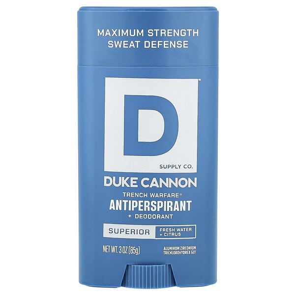 Duke Cannon Supply Co., Trench 워페어® 땀 억제제 + 데오드란트, 슈피리어, 프레시 워터 + 시트러스, 85g(3oz)