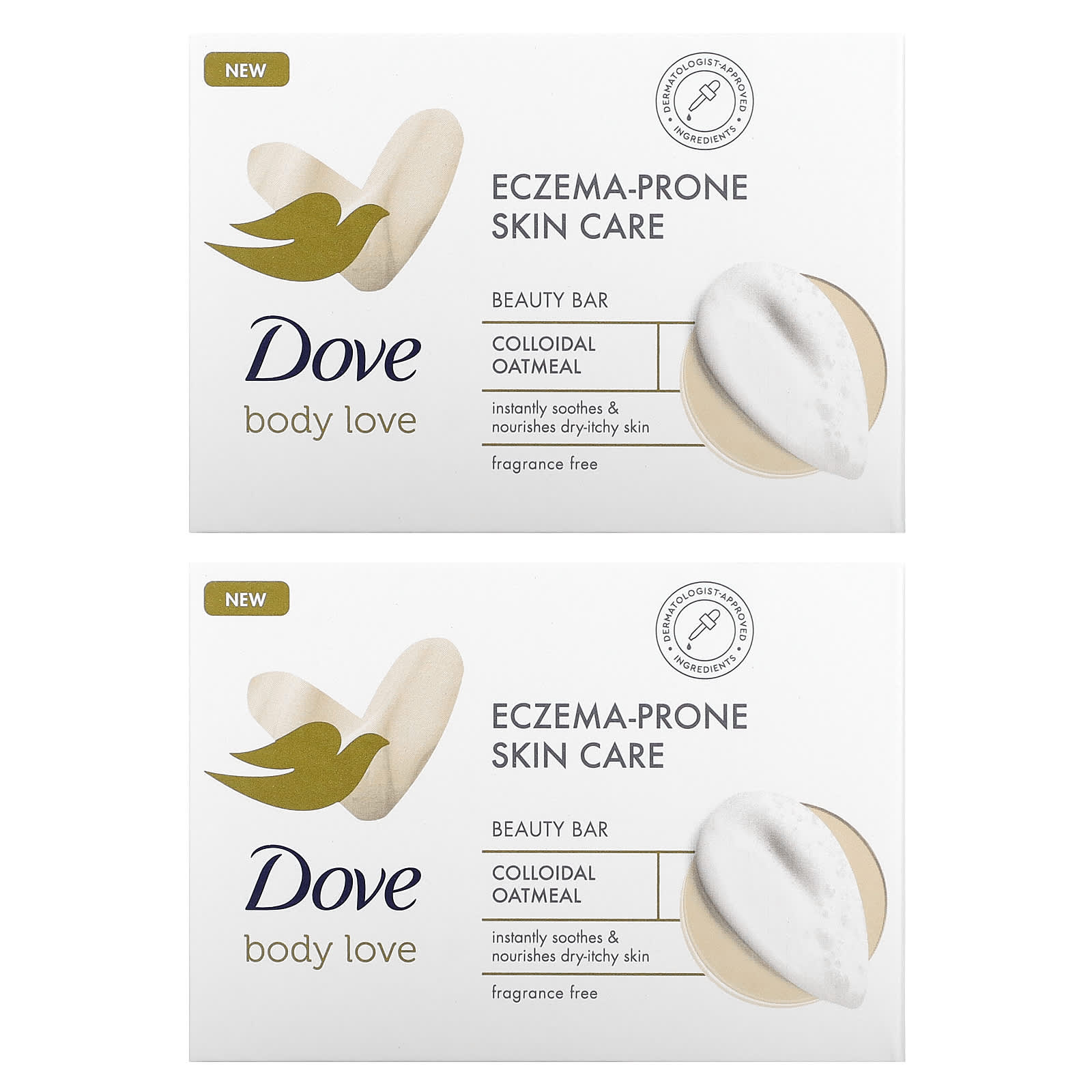 Dove, Body Love, EczemaProne Skin Care Beauty Bar, Fragrance Free, 2