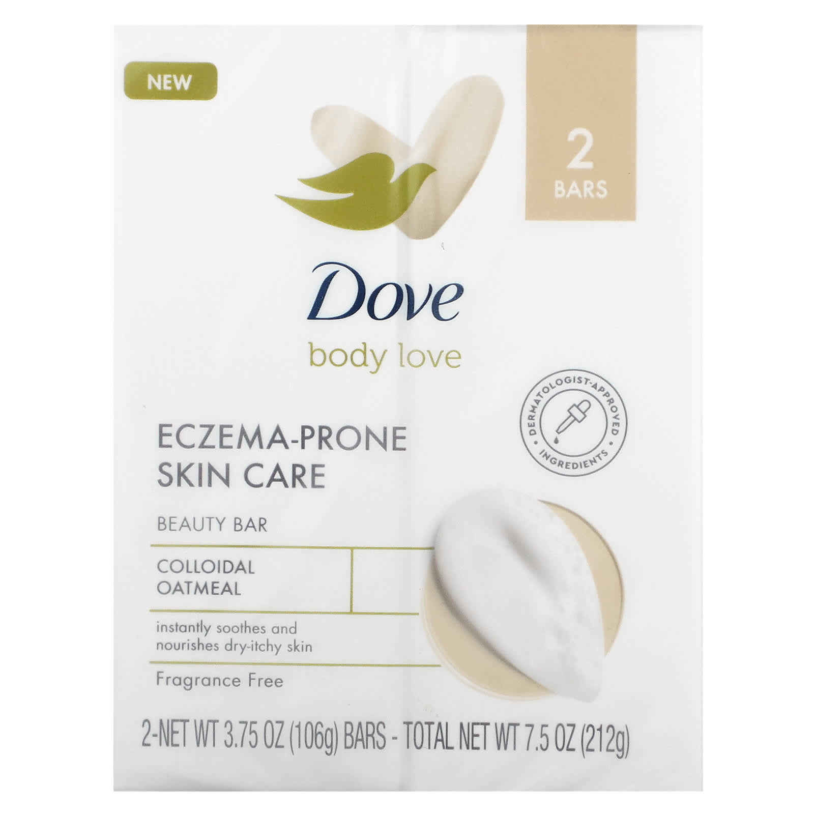 Dove, Body Love, EczemaProne Skin Care Beauty Bar, Fragrance Free, 2