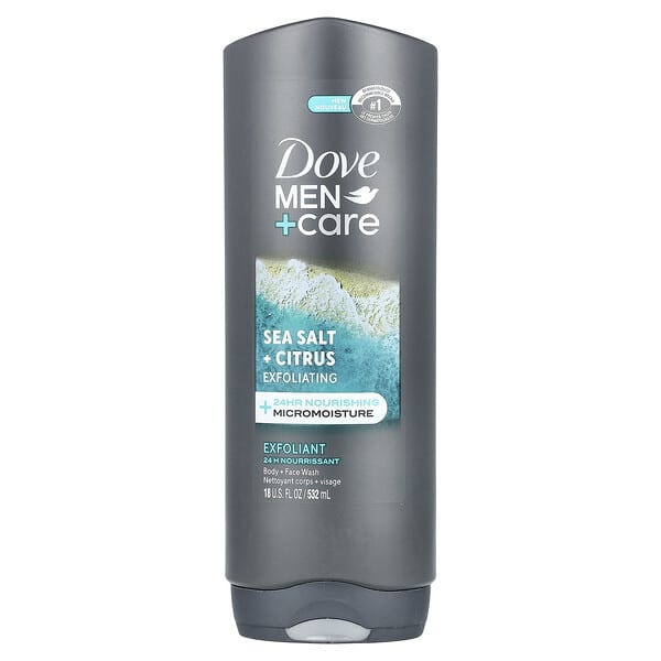 Dove, 맨 + 케어, 바디 + 페이스 워시, 바다 소금 + 시트러스, 532ml(18fl oz)