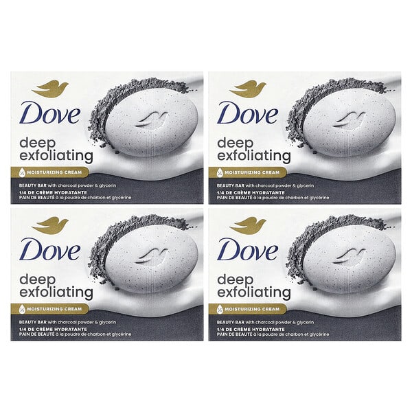 Dove, 딥 익스폴리에이팅 뷰티 바, 숯가루 및 글리세린 함유, 바 4개, 각 106g(3.75oz)