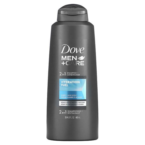 Dove, Men+Care，2 合 1 洗髮水 + 護髮素，補水營養，琥珀 + 麝香，20.4 液量盎司（603 毫升）