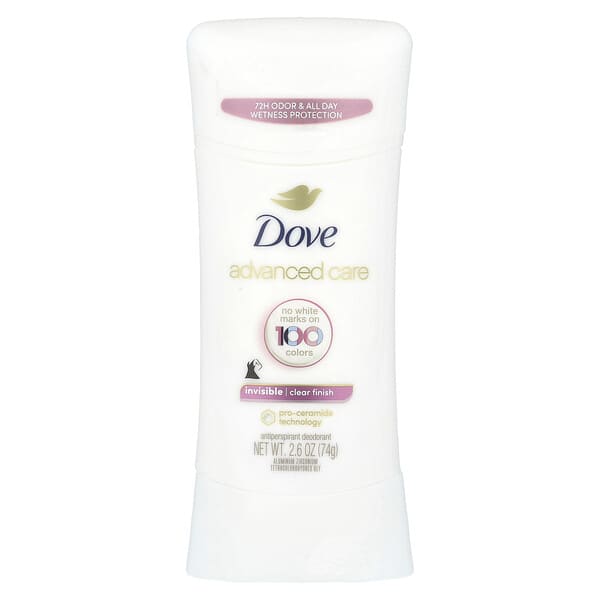 Dove, 어드밴스드 케어, 투명, 땀 억제 데오드란트, 깔끔한 마무리, 2.6oz(74g)